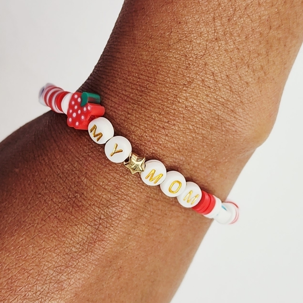 Handmade Clay Strawberry Bead Bracelet With The Word MY MOM